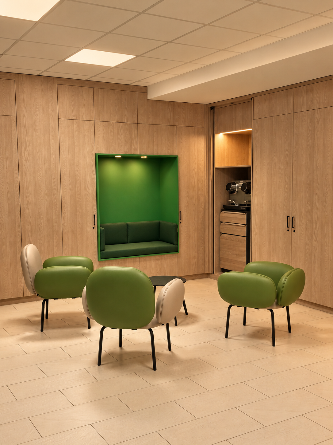 Réception rénovée du Green Club à Romanel-sur-Lausanne, avec fauteuils verts et boiseries