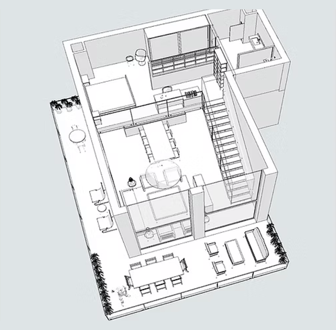 Vue en trois dimensions du loft contemporain sur deux niveaux, avec terrasse et mezzanine