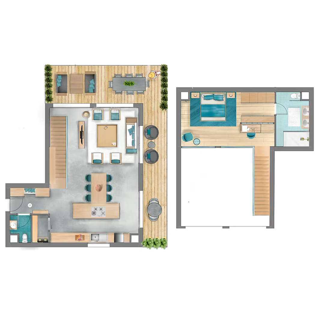 Plans du loft contemporain : niveau principal et mezzanine